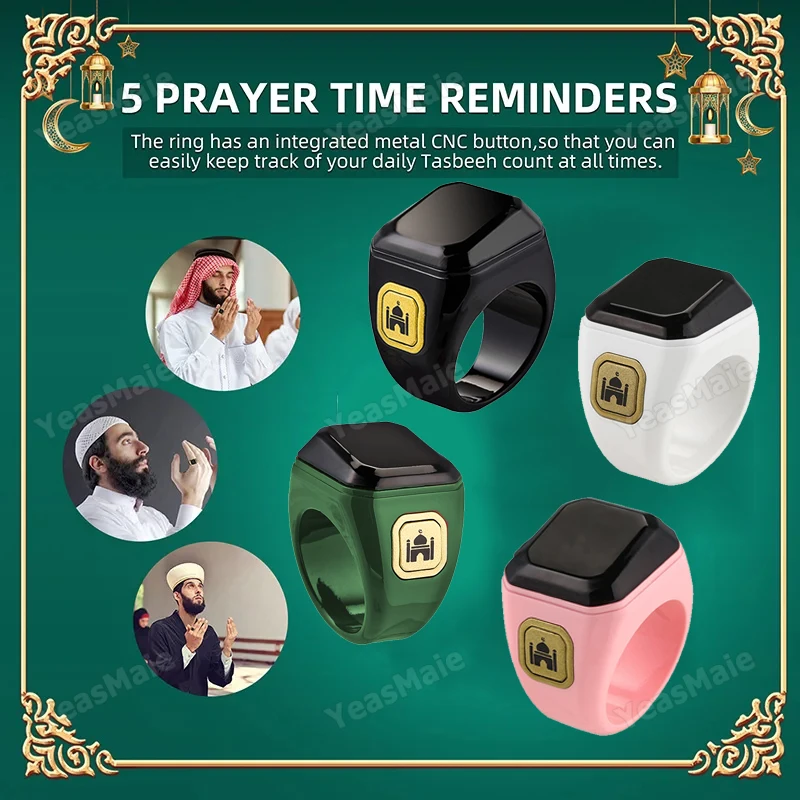 2024 Smart Tasbih Tally Counter Ring for Muslims Zikr Digital Tasbeeh 5 Prayer Time Reminder OLED Display Waterproof Smart Ring