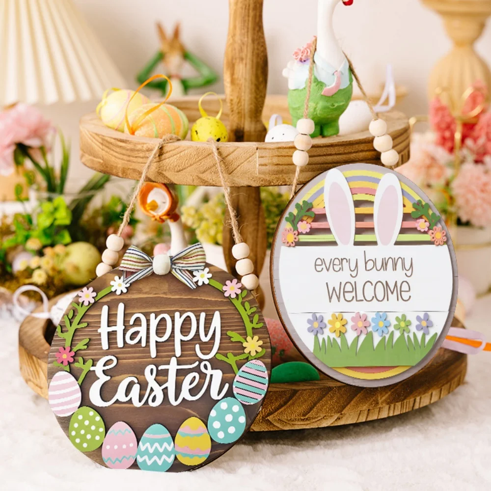 Bunny Egg Decorative Sign Colorful Easter Wooden Door Sign Rustic Easter Door Hanging Playful Happy Easter Hanging Doorplate