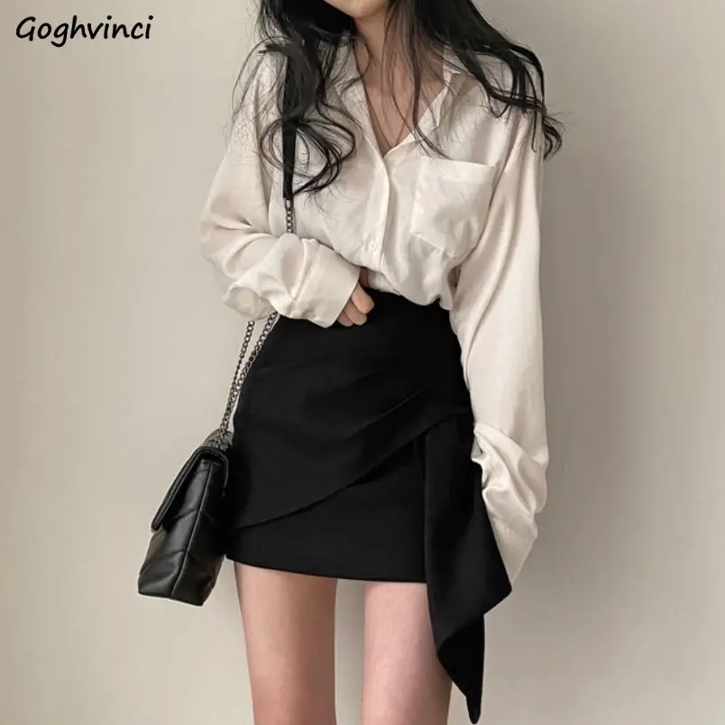 Women Sets Long Sleeve Solid Shirts Irregular Mini Skirts Females Two Piece  OL Slim Sexy Korean Style Chic Stylish Slender