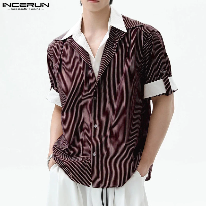 

INCERUN Men Shirt Striped Patchwork Lapel Short Sleeve Tops Streetwear Loose Korean Style 2025 Male Shirts Fashion Men Clothing
