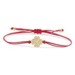 Trendy Cubic Zirconia Crystal Gold-plated Brass Four Leaf Clover Lucky Charm Bracelet Women Zircon CZ Stones Red String Jewelry