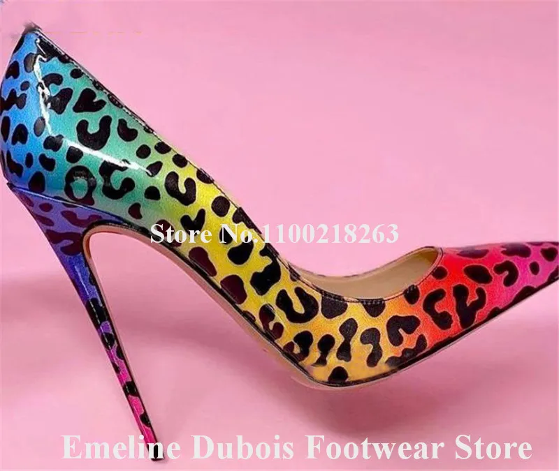 Mixed-colors Leopard Pumps Emeline Dubois Pointed Toe Gradient Patent Leather Stiletto Heel Dress Shoes 8cm 10cm 12cm High Heels