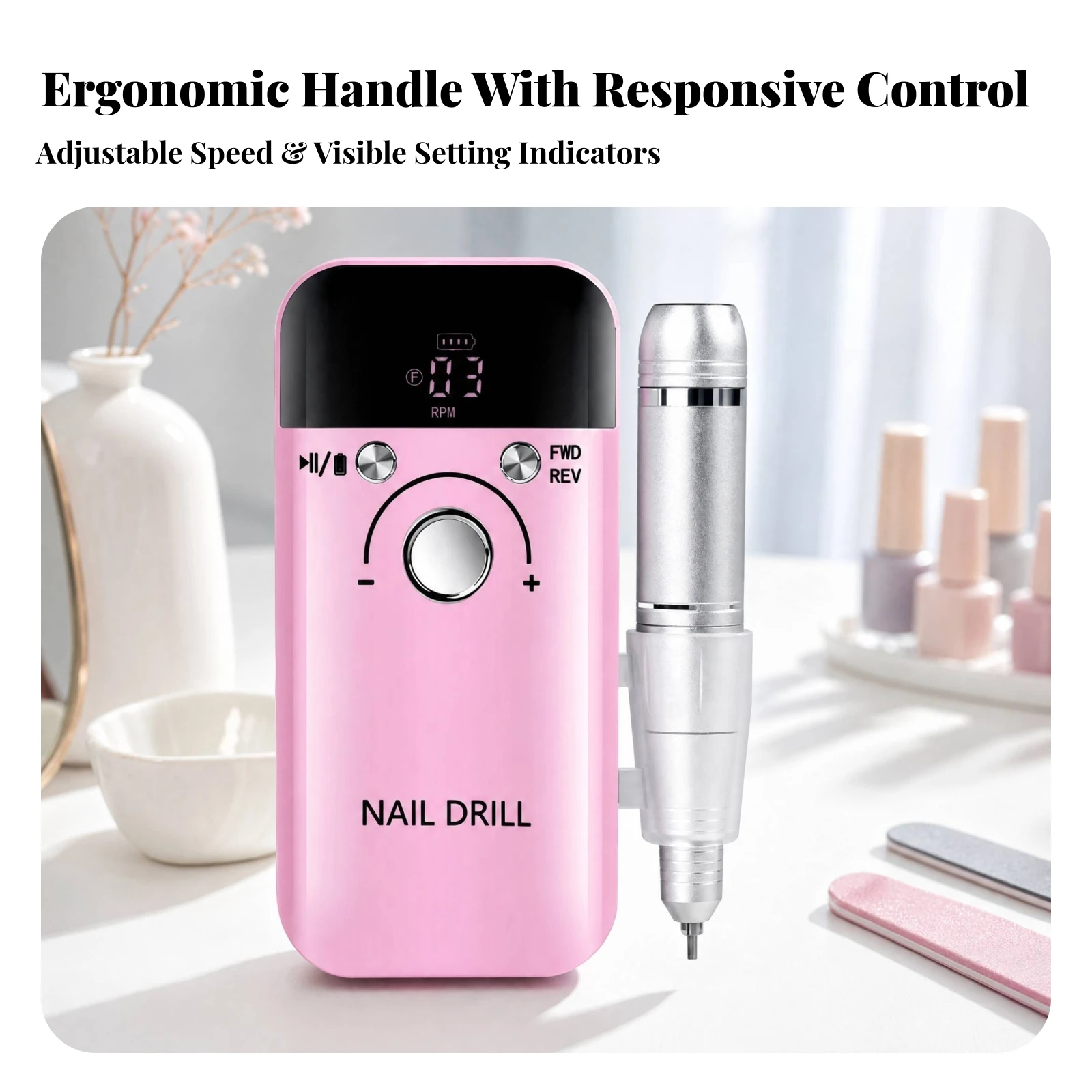 Nail Drill Kit with Sanding Bands Lightweight Rechargeable Nail Drill Portable E-File Ergonomic for Beginners, Home Manicures