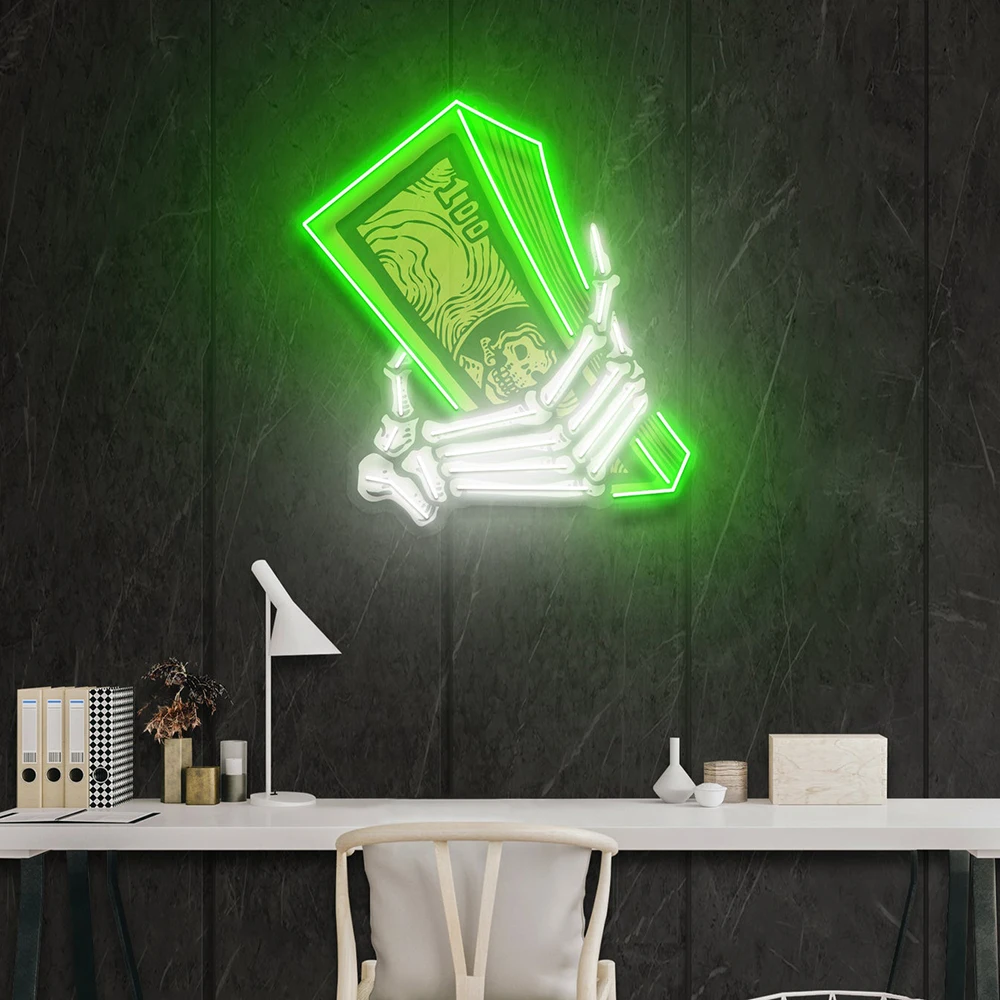 Colorful Money With Hands Holding Dollar Bills UV Print LED Neon Sign Bedroom Living Room Wall Decor Neon Bar Pub Decoration