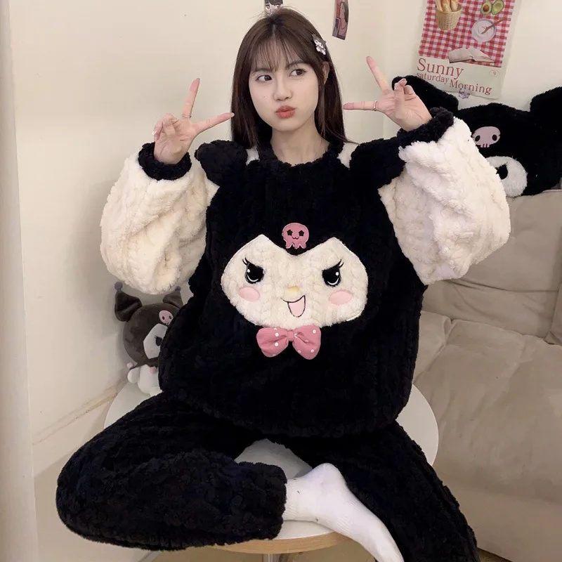 Sanrio Kuromi Cinnamoroll อะนิเมะผู้หญิงชุดนอนฤดูหนาวหนา WARM Homewear 2 ชิ้นการ์ตูน My Melody Plush Nightgown ชุด