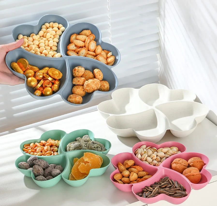 Dried Wheat Straw Four-Leaf Clover Fruit Plate Compartmentalized Snack Box Home Living Room Candy Tray Eco-Friendly