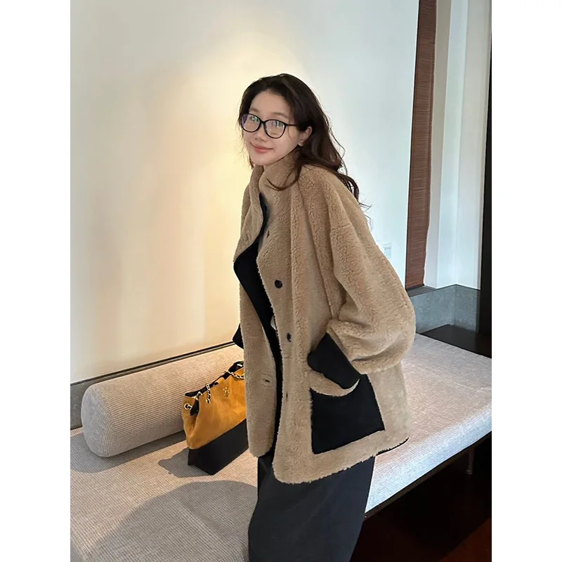 

2025NewWomen winter coatsVintage Shearling One-Piece Stand Collar Coat Color-Block Wool Women's Winter Clothing Cardigan