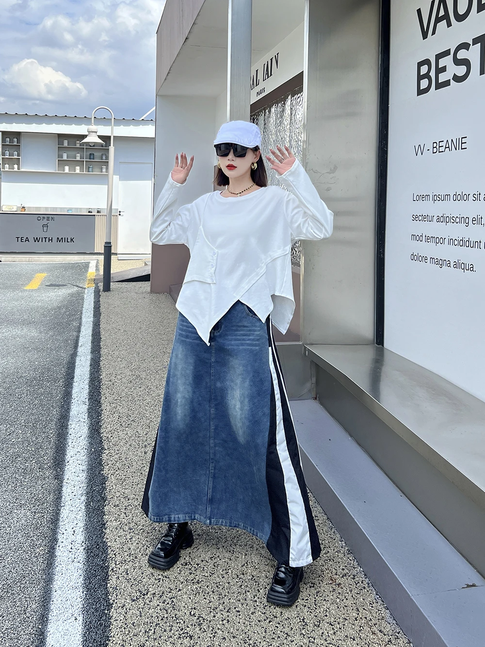 230827 Blue Denim Color-block Long A-line Half-body Skirt High Elastic Waist Women Fashion Tide New Spring Autumn 2024