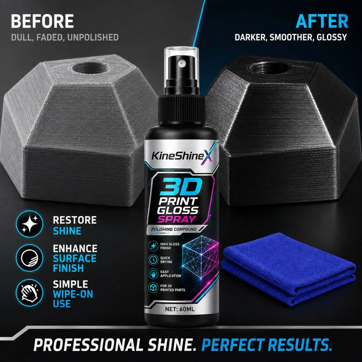3D Print Gloss Spray Polishing Compound for PLA ABS PETG Resin, 60ml Quick Dry High Gloss Finish with Microfiber Cloth