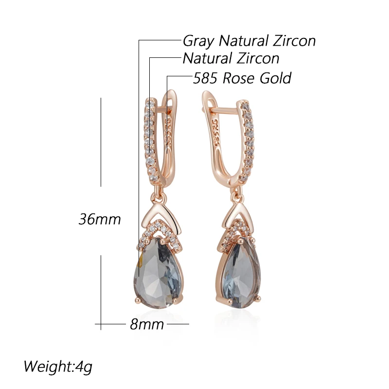 Wbmqda Shiny Grey Crystal Drop Earrings For Women 585 Rose Gold Color Natural Zircon Setting Best New Year Jewelry Gifts