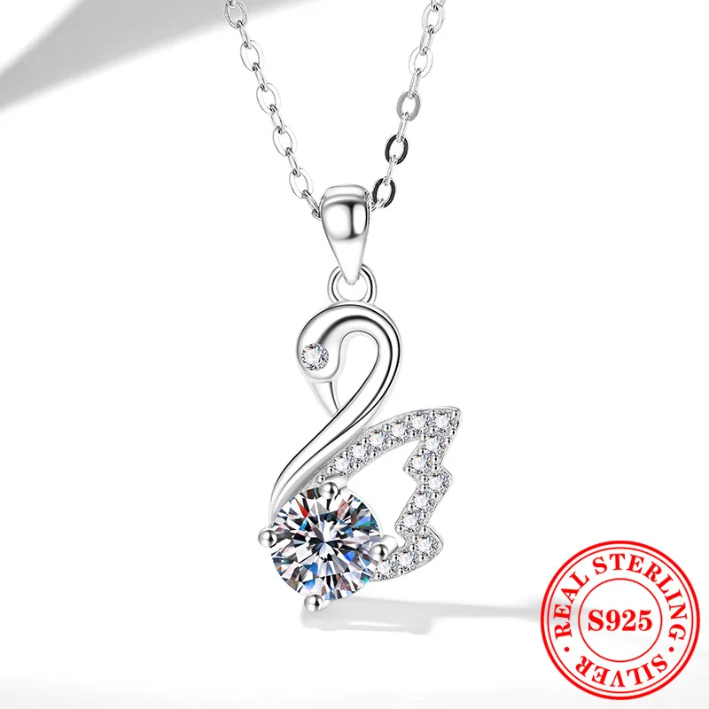 AETEEY S925 Silver Swan Pendant Necklace 1ct Moissanite Luxury Niche High-End Women Clavicle Jewelry
