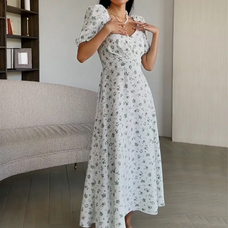 

2025 Spring and Summer Temperament Commute Elegant Sweet Fresh Women's New French Print Sexy Slit Floral High-waisted Dress