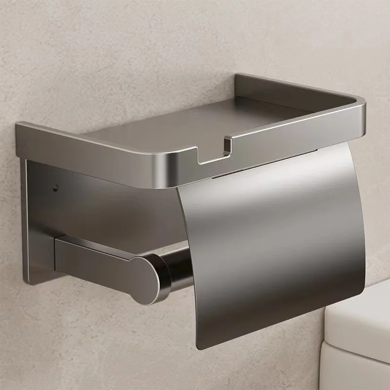 

No Drill Toilet Paper Holder with Shelf, Aluminum Wall Mount Paper Towel Holder with Phone Tray, Rustproof Bathroom Organizer