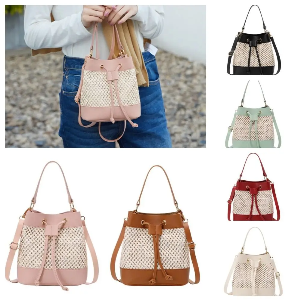 

Bundle Pocket Straw Crossbody Bag Woven Handbag Drawstring Bucket Bag Large Capacity Messenger Bag Beach Shoulder Bag Summer