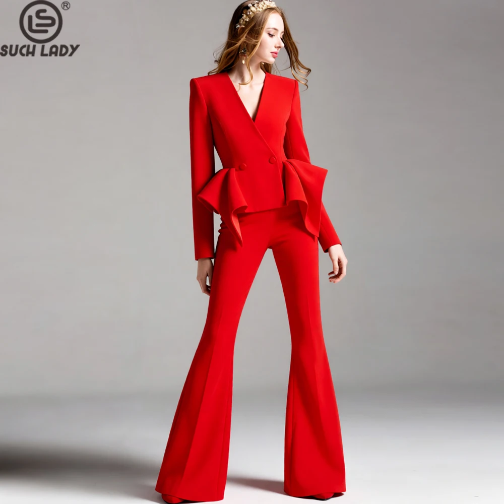 

Women's Sexy Ruffled Peplum Blazer and Flare Pants Two Piece Suit - Elegant Party Office Outfit Set