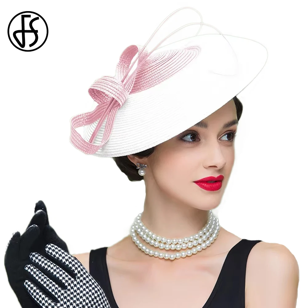 

FS 2025 White Pink Fascinators Hat For Women Luxury Royal Weddings Bridal Caps Beach Straw Hats Wide Brim Kentucky Derby Cap