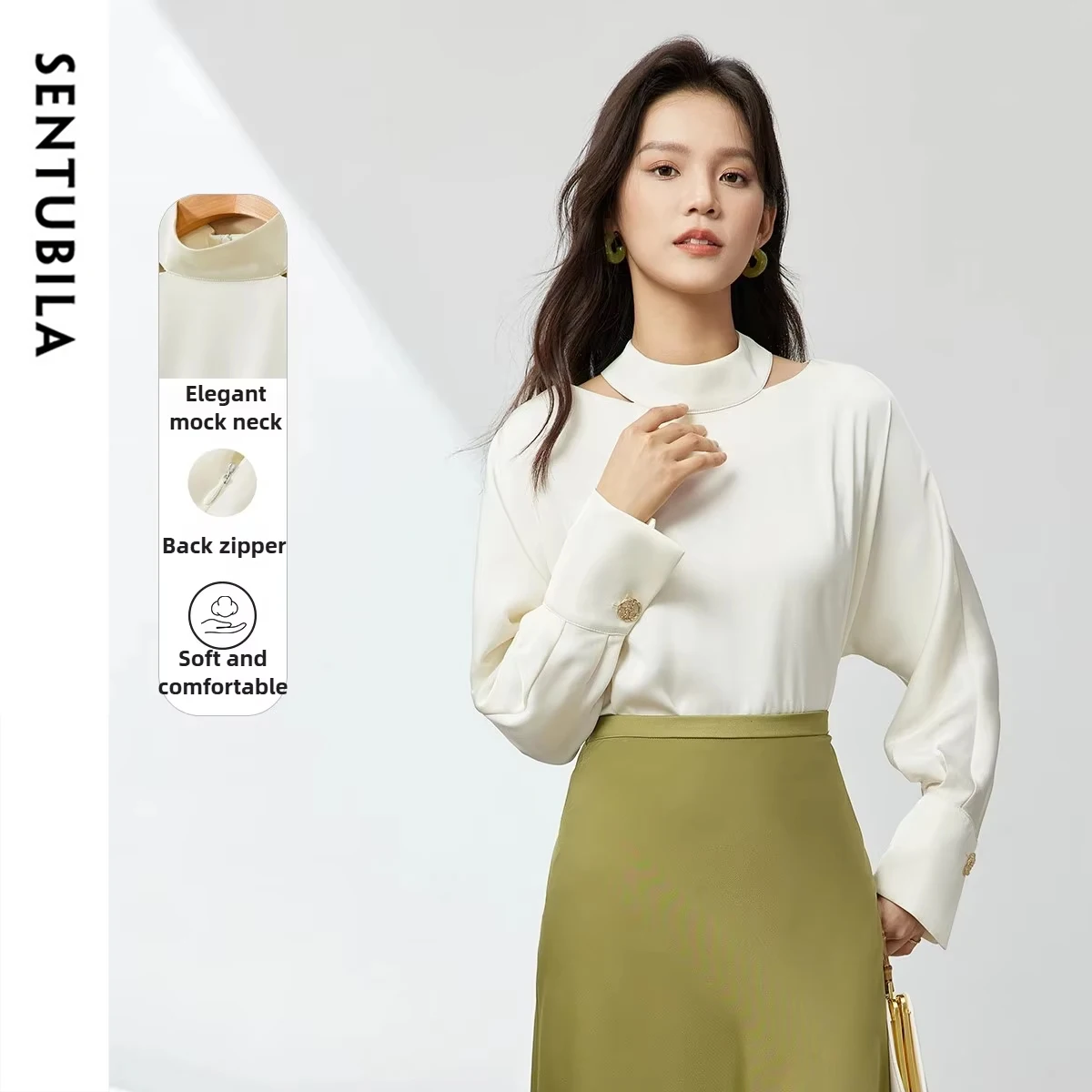 SENTUBILA Women's Temperament Chiffon Shirt 2025 Autumn Commuter Neck Hollow Design Blouse Solid Semi-turtleneck Tops 141V54187X