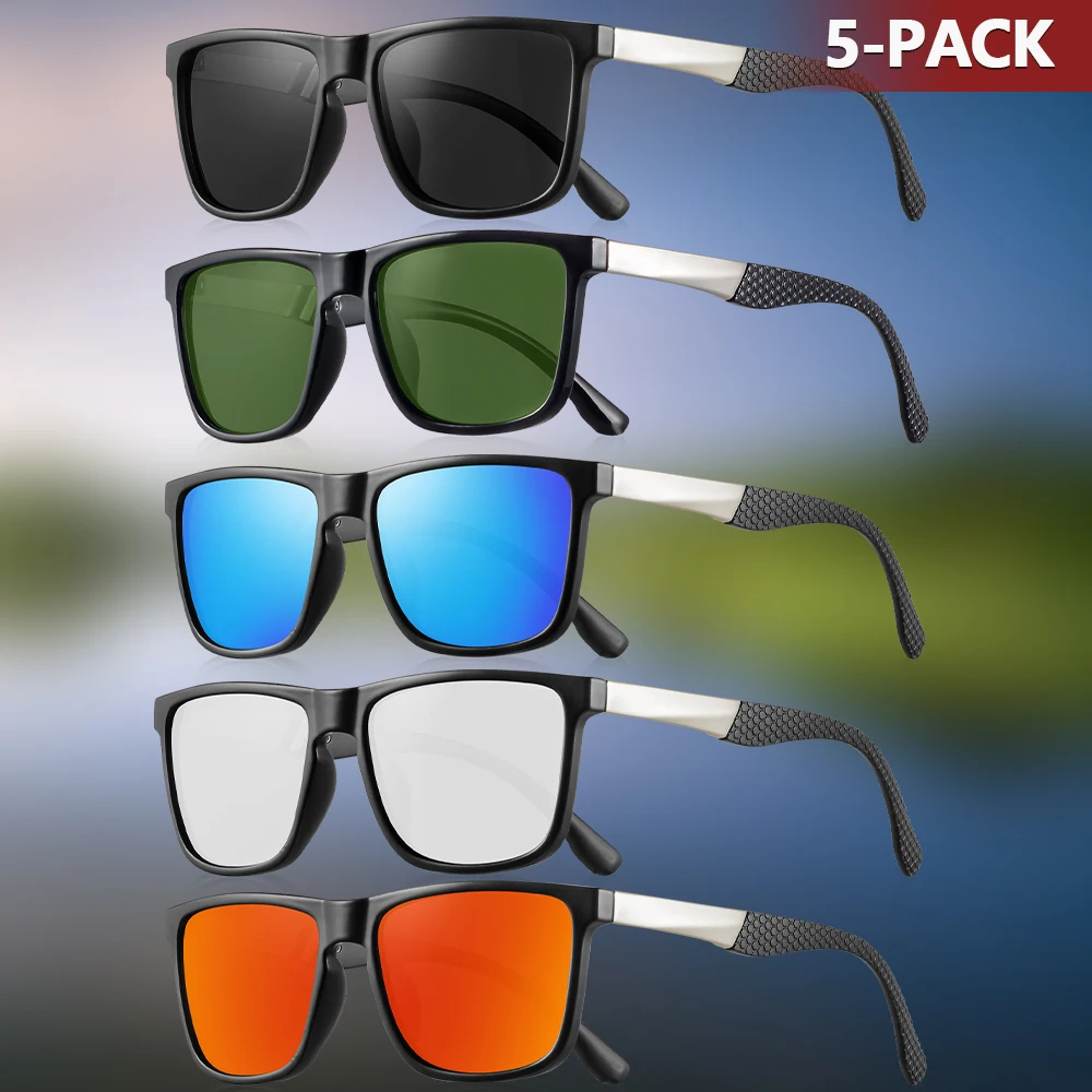 CRIXALIS 5-teilige polarisierte Sonnenbrille für Herren, quadratisch, modisch, verspiegelt, zum Angeln, Fahren, Outdoor-Brille für den Valentinstag, UV400