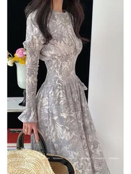 New Korean Fashion Casual Dress Women Vintage Long Sleeve Office Lady Elegant Long Dress High Waist Party Dresses