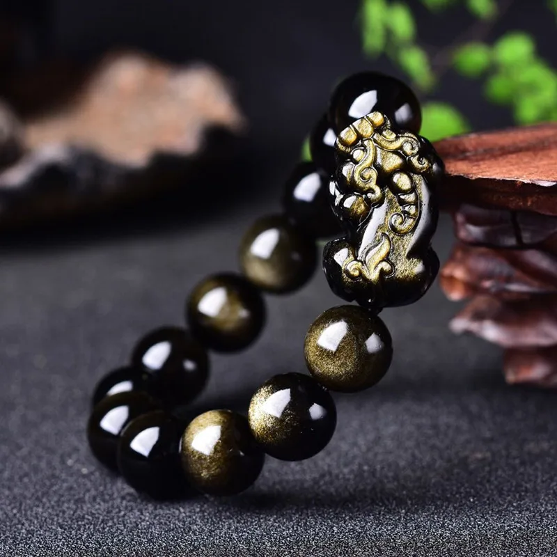 Natural Gold Obsidian Bracelet Men Women Healing Gemstone Fine Jewelry Pulsera Feng Shui  Pixiu Obsidian Wealth Bracelets Bangle view 2
