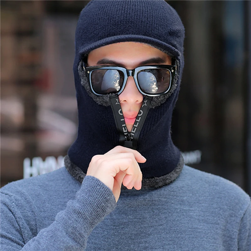 Men Women Knitted Hats Winter Thickened Plush One Piece Outdoor Cycling Zipper Neck Protection Male Female Woolen Cap