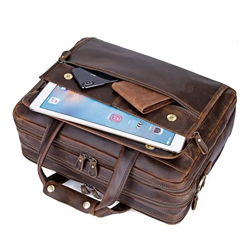 Vintage A4 bruin echt Crazy Horse lederen Executive herenaktentas met YKK rits Messenger Bags 15,6'' laptop portfolio