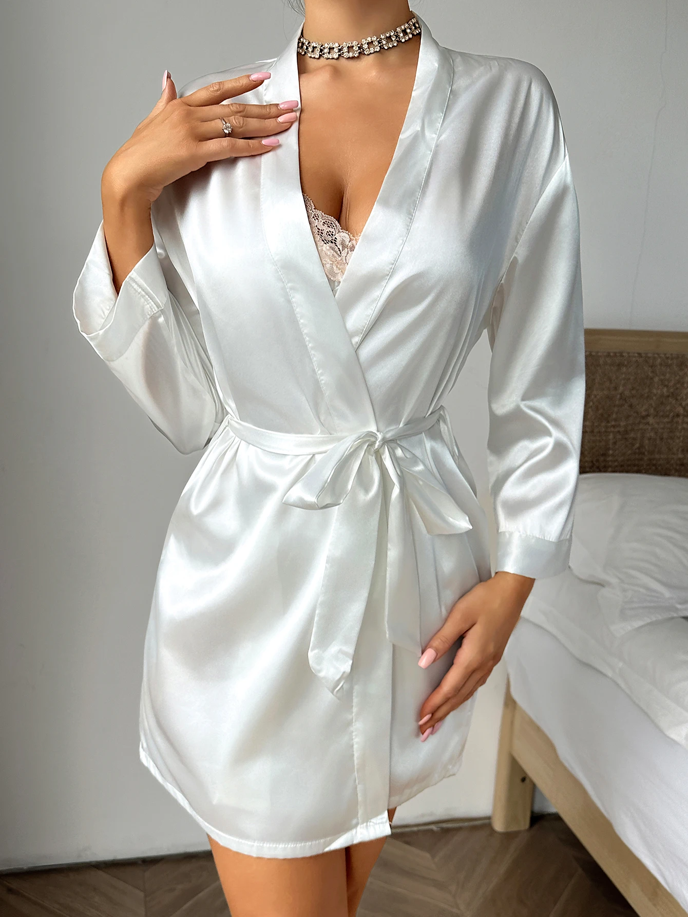 Summer Satin Ladies Nightgown Solid color lace-up Robe Sexy comfortable women\'s pajamas Loungewear