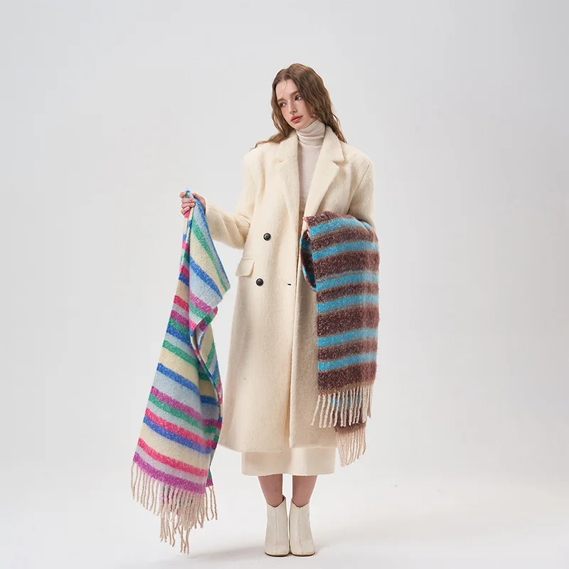 Winter Thickened Scarf Striped Colorful Rainbow Kawaii Mohair Cashmere Scarf with Tassel Winter Warm Soft Lovers Accessories