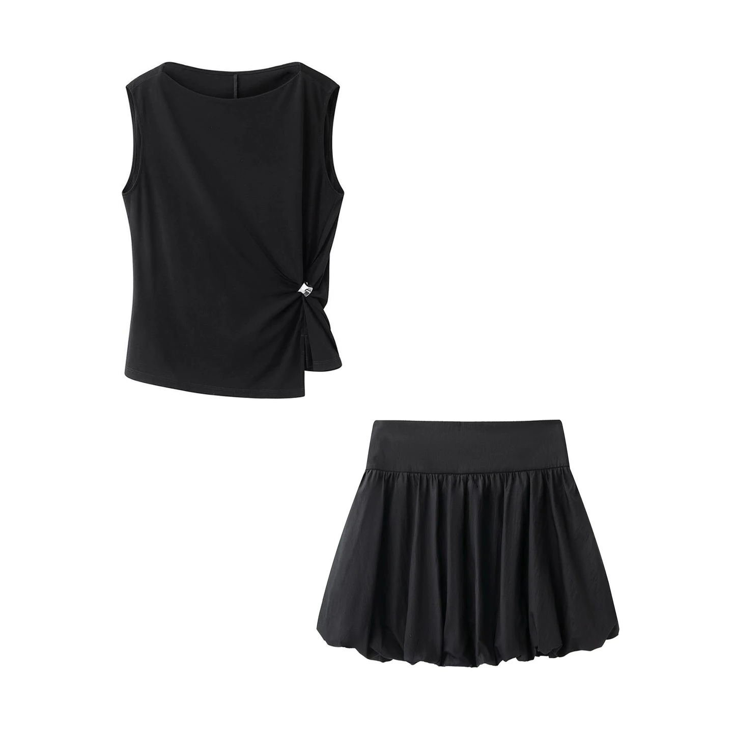 

Black Asymmetrical Waist-Cinching Sleeveless Top And A-Line Flower Bud Skirt Set Casual Summer Outfit for Women