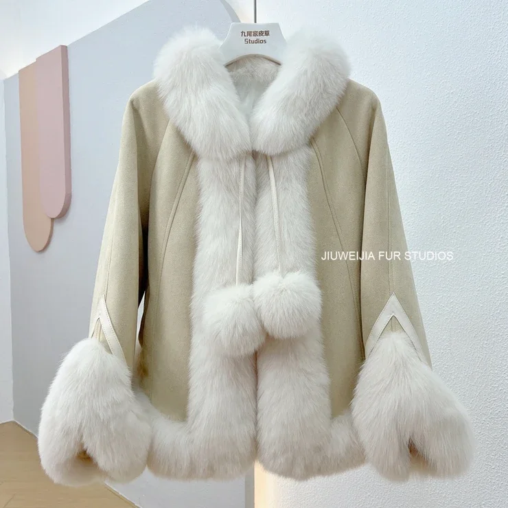 Fuzz Cape Coat Winter Down Inner Fox Fur Fluffy Jacket Knitted Thick Warm Loose Long Sleeve Retro Color Contrast Women's Clothes