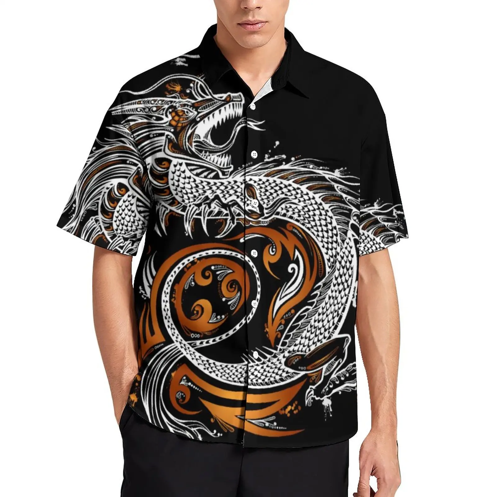 Hawaiian Dragon Pattern Men\'s Shirt Summer Oversized Short Sleeve Elegant Dress Casual Breathable Camping Dazn Gothic Clothes