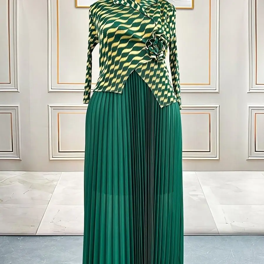 مياكي حجم كبير فستان مياكي مطوي مطوي تنورة طويلة الأكمام وهمية قطعتين ملابس العمل المنزلية اليومية أنيقة عالية المرونة سيدة سيدة أنيقة متعددة الاستخدامات #5