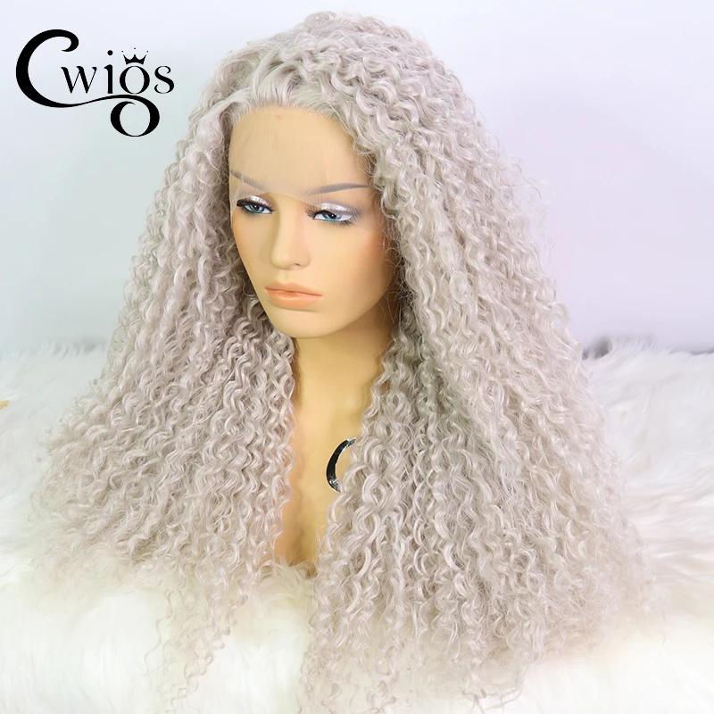 Cwigs Smooth Curly Synthetic Lace Front Wig Light Grey Pre Plucked Daily Heat Resistant Fiber Hair Kinky Curly Wig Cosplay Wig