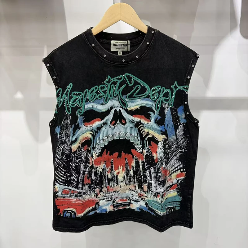 MAJESTIK American High Street Skull Studded Sleeveless Shirt Men Women Loose Fit Versatile Tank Top