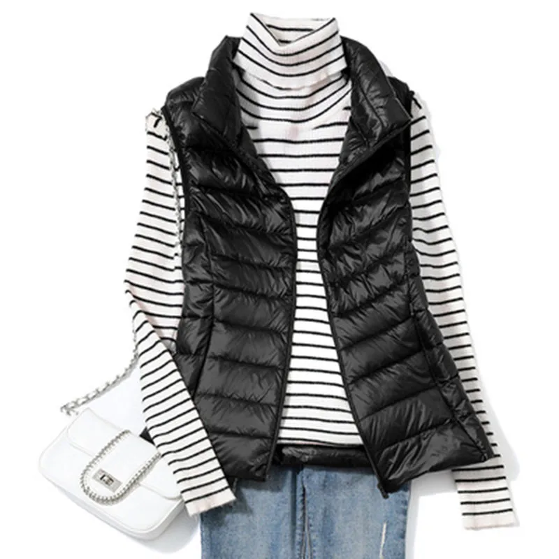 Ultra leve para baixo colete feminino colete curto à prova de vento leve quente feminino sem mangas pato branco para baixo casaco jaquetas