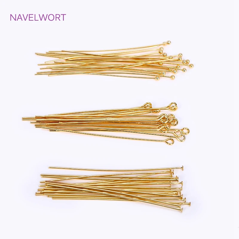 50pcs/Lot Brass Ball Head/Flat Head/Eye Head Pins Supplies For Jewelry 18K Gold Plated Pins DIY Beading Accessories Wholesale