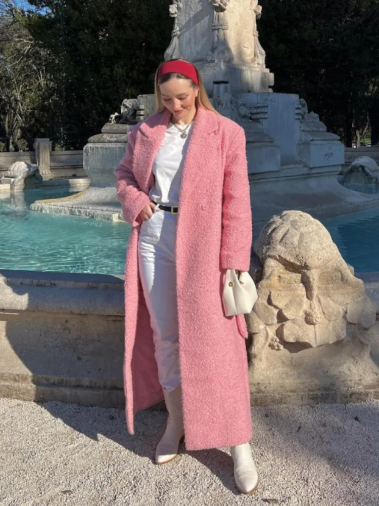 

Элегантное розовое женское пальто с отложным воротником и длинными рукавами, свободные женские длинные пальто, осень-зима 2021, новая модная женская верхняя одежда
