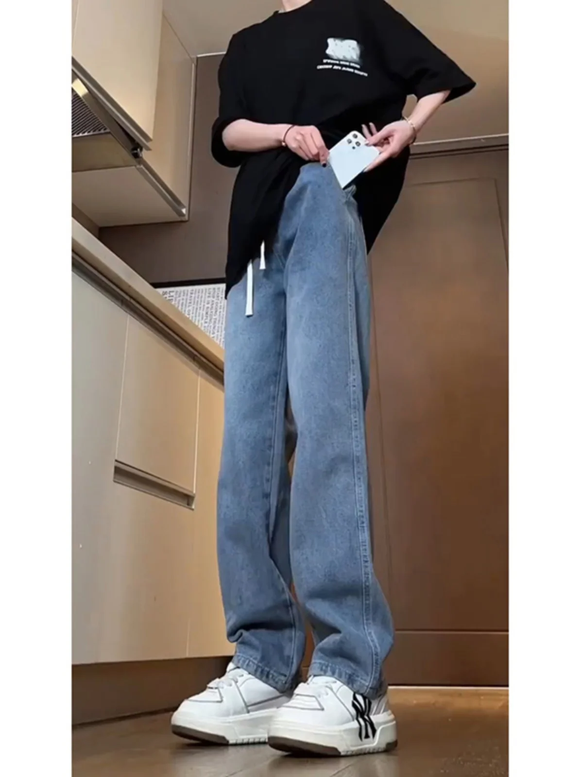 

Синие американские джинсы с высокой талией и широкими штанинами для мужчин, летние тонкие брюки прямого кроя в стиле High Street Vibe, смесь хлопка и полиэстера