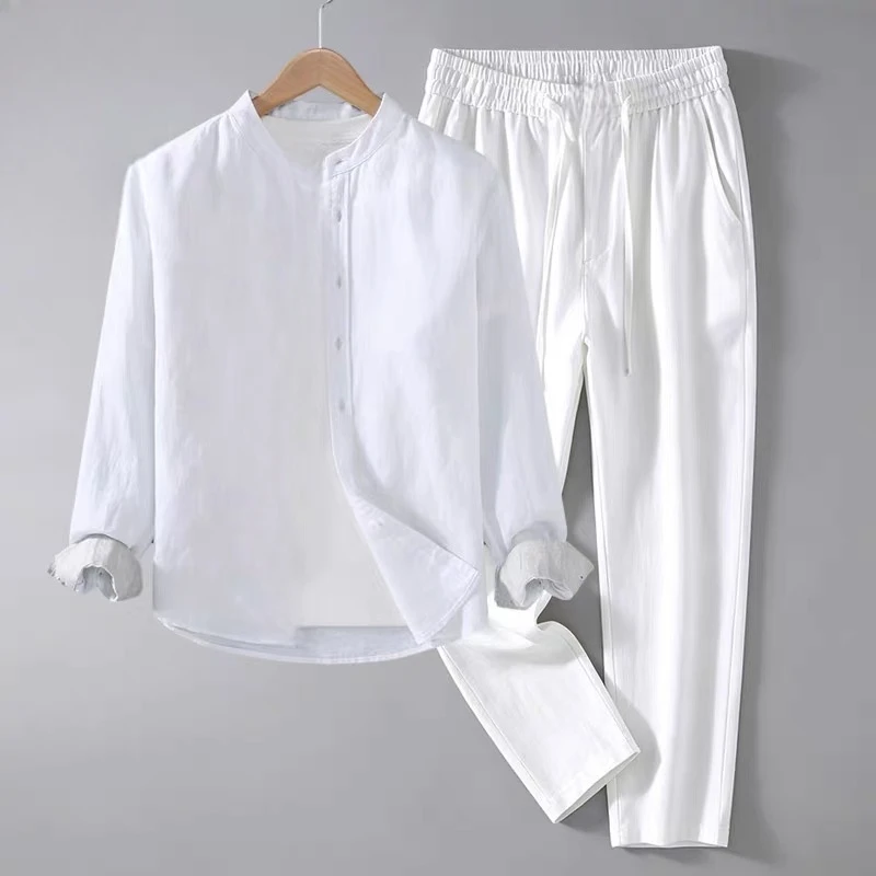 Linen Set for Men Casual Long Sleeve Shirt Loose Straight Leg Pants Breathable Thin Cotton Linen Blend Spring Summer