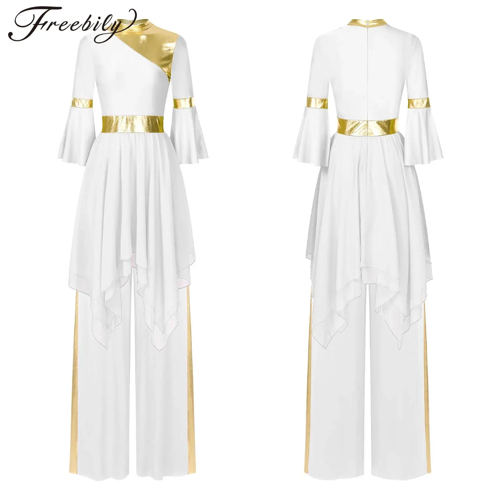 

Women 2Pcs Liturgical Praise Dance Outfit Modern Contemporary Dancewwear Flared Sleeve Asymmetrical Dress with Loose Pants Set