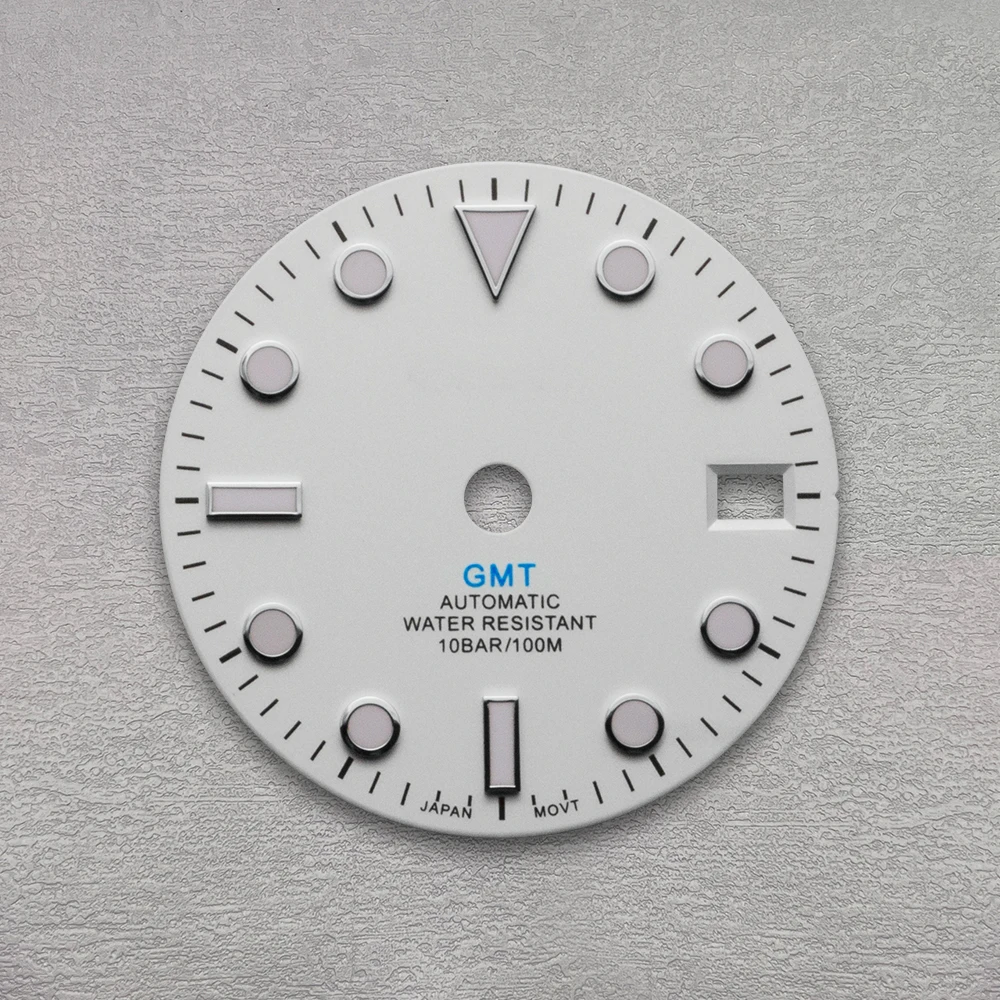 28.5mm S Logo GMT Dial Fit NH34 Movement Green Luminous White Matte Dial Watch Modification Accessories