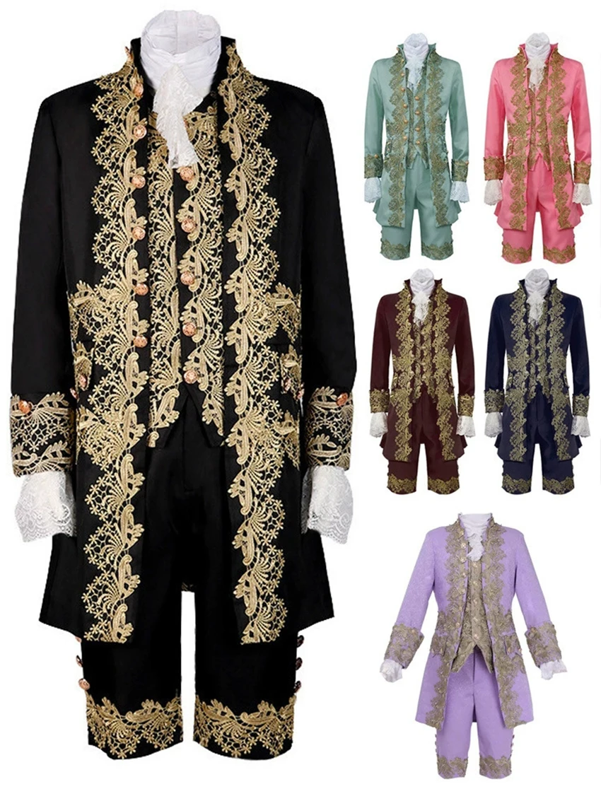 Disfraz de Rey Príncipe victoriano de lujo para hombres adultos, Top, chaleco, chaqueta, abrigo, Blazer, traje de escenario, traje de Cosplay, pantalones, corbata Jabot