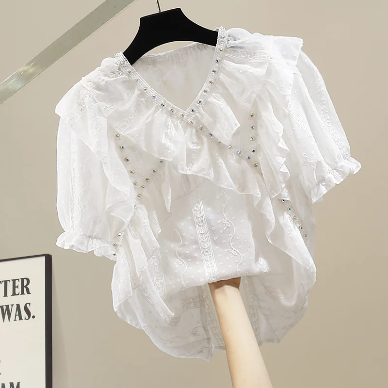 

Модная женская блузка свободного кроя с коротким рукавом, V-образным вырезом и жемчужной отделкой, элегантный дизайн, чувственные рукава-колокол, повседневный стиль, лето