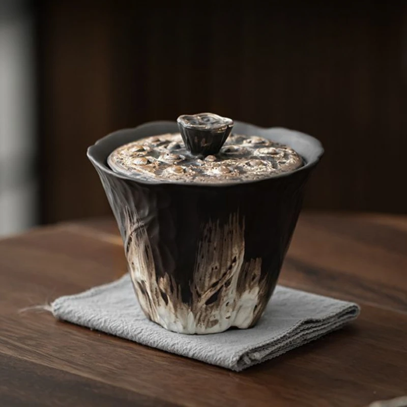 200ml Handmade Embossed Lotus Ceramic Tea TureeWabi Sabi Style Covered Bowl Coarse Pottery Tea Maker Gaiwan Kung Fu Tea Set Gift