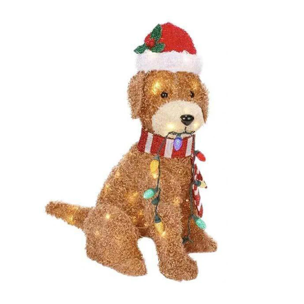 Christmas Mimic Dog Shape Sign Waterproof LED Bright Lights Goldendoodle Wearing Xmas Hat for Home Garden Front Pathway Walkway