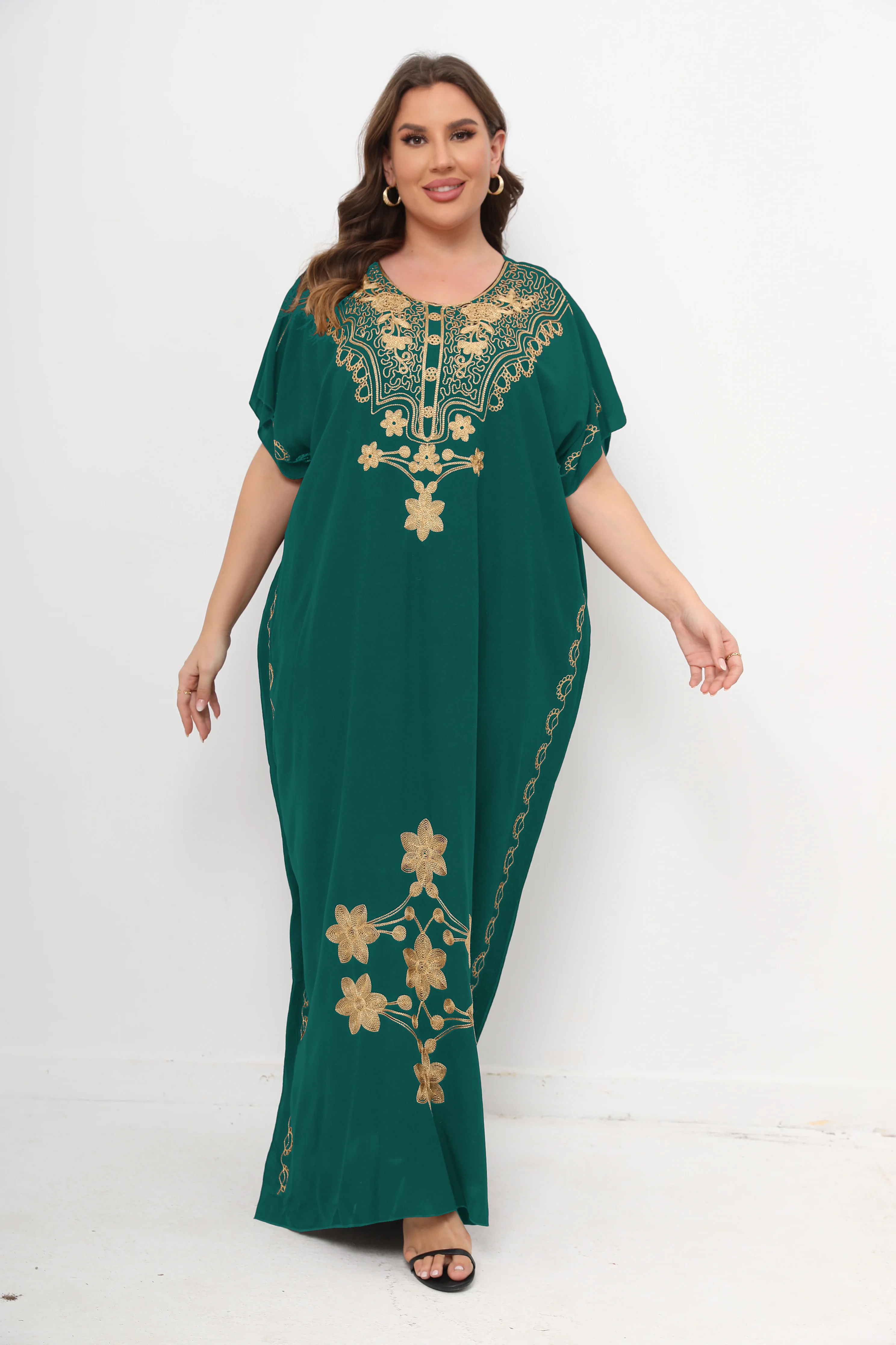 New African Plus Size Moroccan Dashiki Abaya 100% Cotton Maxi Dresses For Women Short Sleeves Kaftan Loose Fit Femme Robe