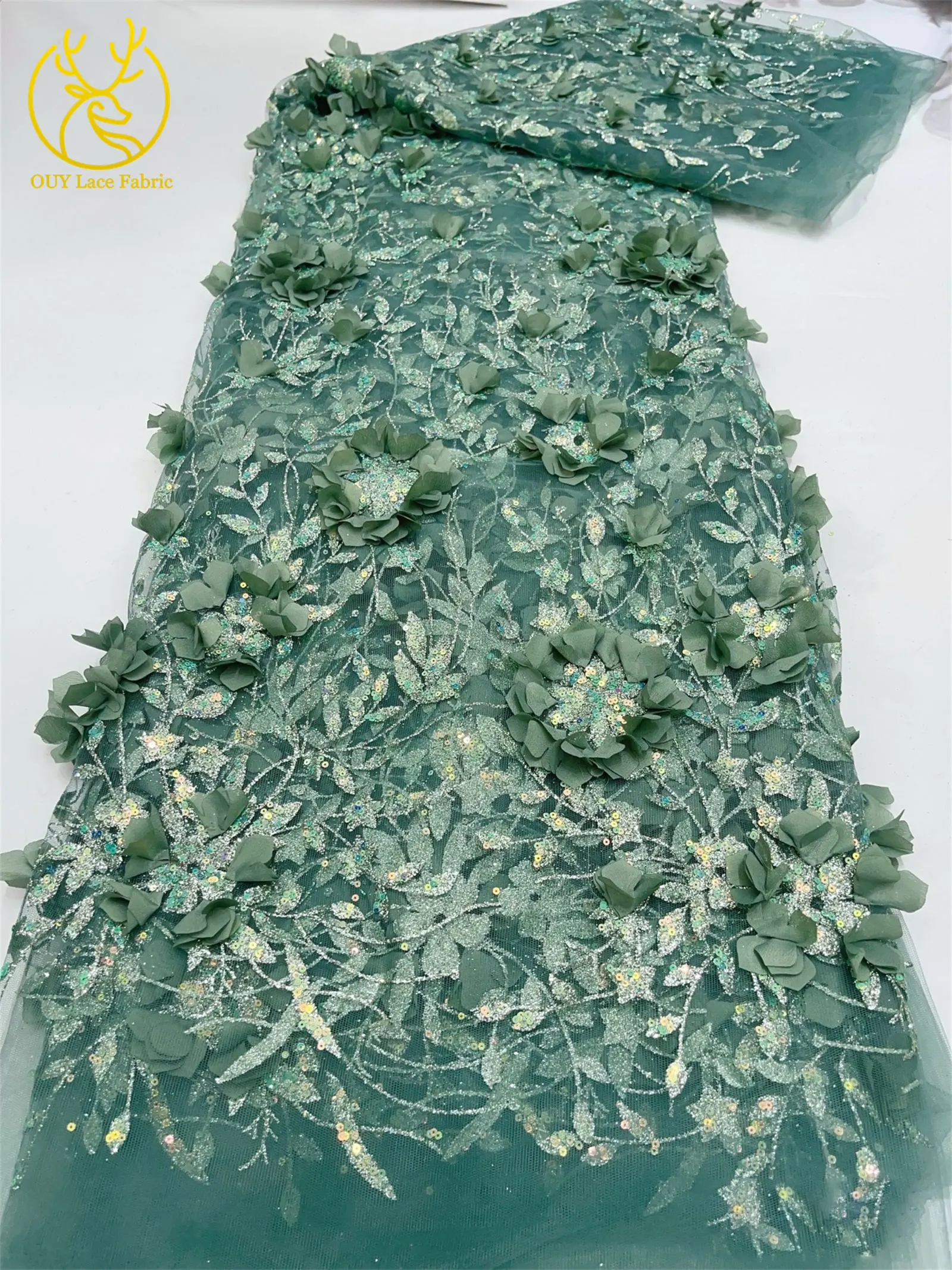 3D Blumen-Pailletten-Spitzenstoff 2026 Hochwertiger Französischer Nigerianischer Klebe-Pailletten-Spitzenstoff für Party-Hochzeitskleider Abendkleider – Detail 12