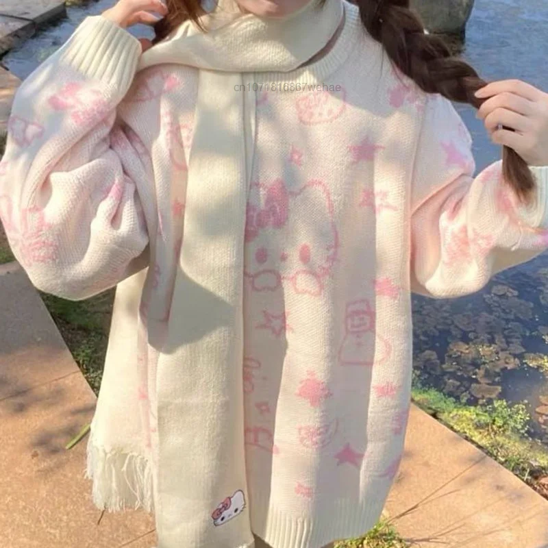 Sanrio Hello Kitty Christmas Yeti Pullover e sciarpa lavorati a maglia 2 pezzi Set Sweet Cute Jacquard Design maglione donna Y2k vestiti autunnali