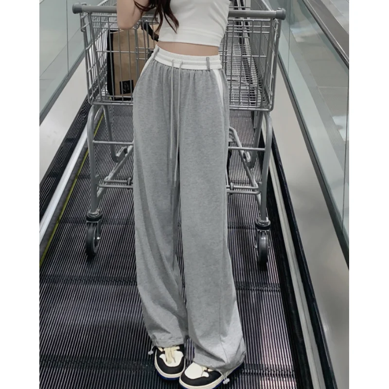 

Women's Grey Drawstring Sweatpants Fashion High Waist Straight Wide Leg Pants Simplicity Baggy Bind Feet Trouser Ladies Autumn