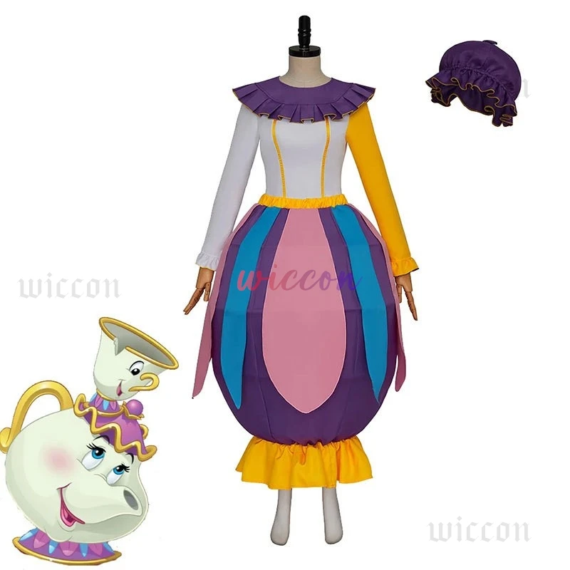 

Tea Pot Mrs Potts Cosplay Long Sleeves Colorful Dress Hat Costume Adult Women Halloween Christmas Party Role Play Clothes